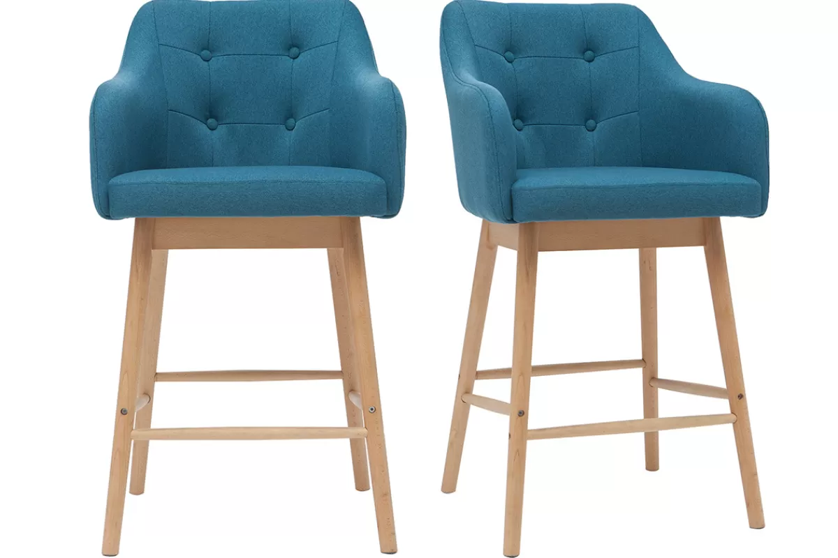 Miliboo Taburetes De Bar-Taburetes de bar nórdicos azul petróleo y madera A65 cm (lote de 2) BALTIK